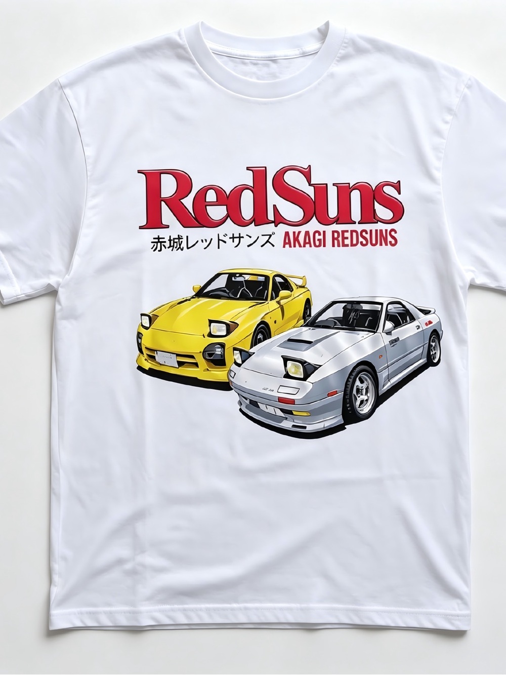 White Tee with Red "RedSuns" Logo and Yellow/Silver Car Graphics T-shirt Unisex